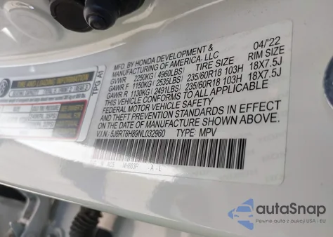 2022 Honda Cr-V Hybrid Ex-L из США, поврежденный, VIN 5J6RT6H89NL032960